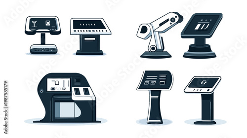 Stylized illustrations of various technological devices, including kiosks, monitors, and robotic arm elements