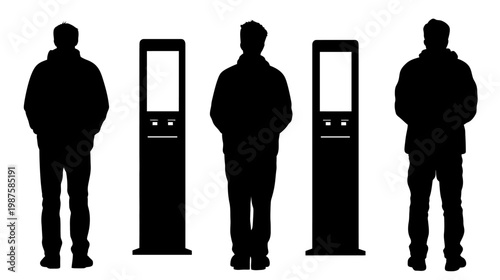 Silhouetted figures of three people standing near two interactive kiosks on a white background