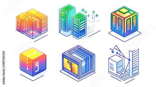 Colorful isometric illustrations depict data centers and servers, using gradients and geometric shapes