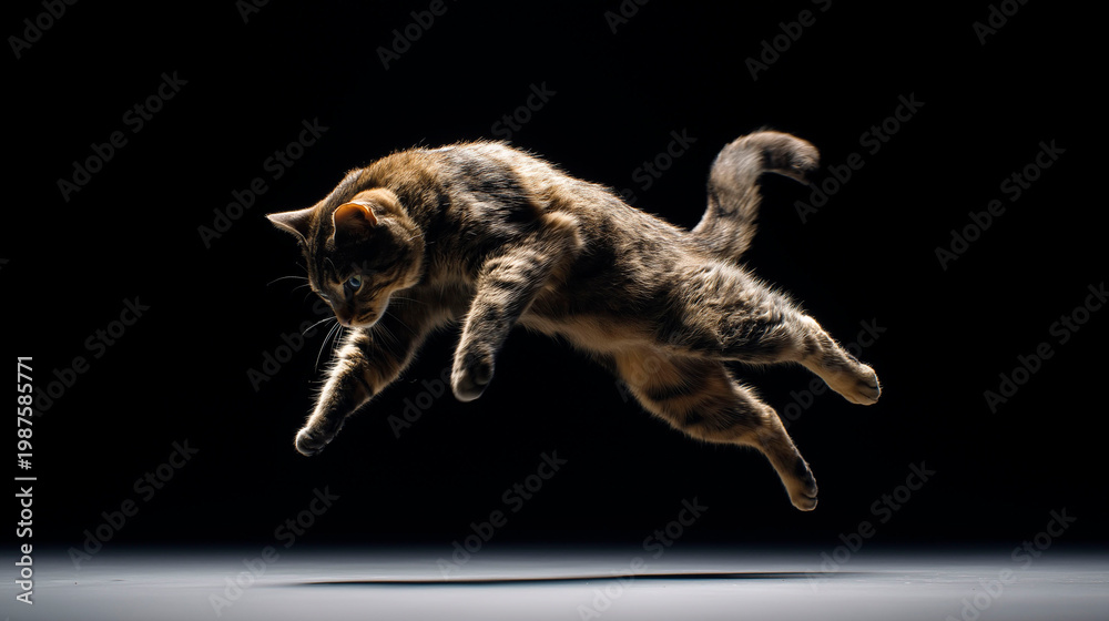 Obraz premium cat jumping mid air isolated on black background dynamic motion freeze with strong lighting and shadow playful action scene with copyspace concept of agility energy and pet lifestyle industry