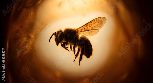 Bee trapped in ancient amber fossilizing insect