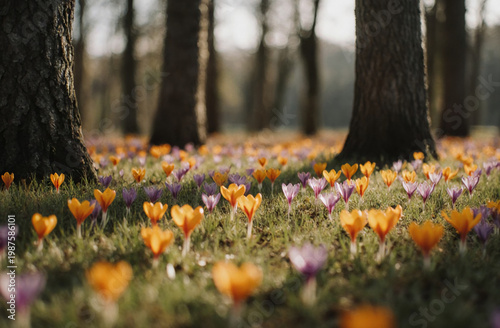 Vibrant orange and purple crocus flowers bloom abundantly on the forest floor, creating a stunning carpet of color under tall trees in gentle sunlight Generative AI