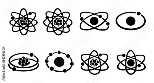 Atom icons with highlighted nuclei arranged on dark background