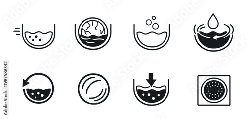 Washing cycle icons illustrating wash actions on gray background