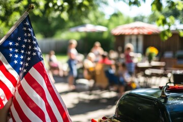 Guests gather for a Memorial Day barbecue with an American flag while children play and celebrate Independence Day