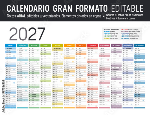 Calendario 2027 Español gran formato editable, España planificador anual horizontal vectorial con Festivos y Santoral