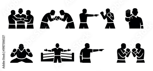 Boxing referee and boxer silhouettes with ring and gestures
