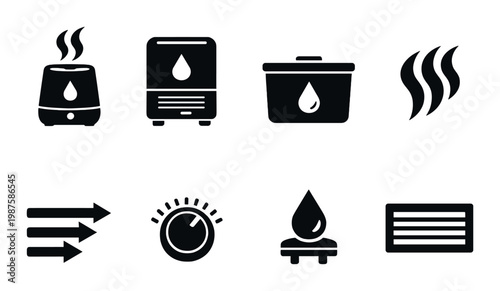 Appliance and air flow icons arranged in grid on dark background