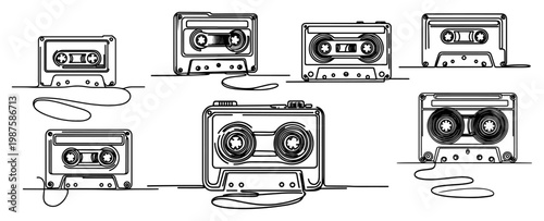 Retro Audio Cassette Tape Set in Minimal Line Art Style, Vintage 80s 90s Music Technology Icons for Design Elements