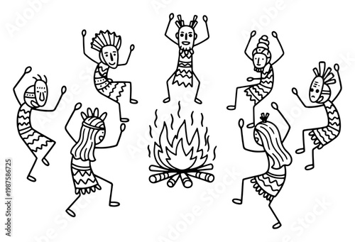 Tribal Dancers Around Campfire Line Art, Primitive Ritual Celebration and Indigenous People Tradition Vector Illustration