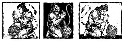 Lord Hanuman Hindu Deity Illustration Set, God of Strength and Devotion Kneeling with Gada Mace, Woodcut Style Religious Graphics
