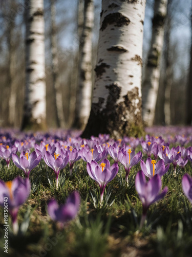 A serene scene unfolds as clusters of purple crocuses stretch their petals toward the sun, carpeting the forest floor beneath graceful birch trees. It's springtime, full of life Generative AI