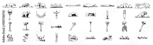 Prehistoric Stone Age Icon Set with Mammoth Skulls Bones and Primitive Weapons, Hand Drawn Vintage Archeology Illustration