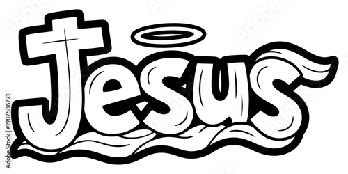 Jesus Name Typography with Cross and Halo, Religious Christian Lettering Graffiti Style Illustration for Stickers and T-shirts