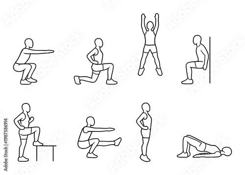 Figure performing bodyweight leg exercises on gray background