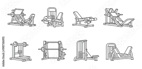 Gym weight machines icons arranged in grid on dark background