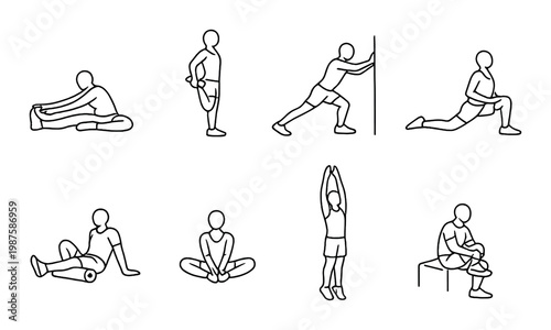 Figures performing stretching and mobility exercises indoors