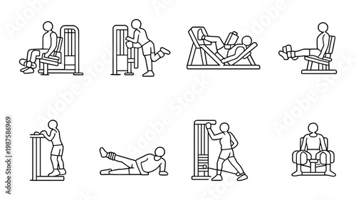 People using resistance machines and leg equipment in gym setting