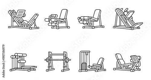 Gym machines icons displayed in rows on gray backdrop