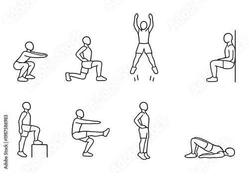 People performing body weight leg exercises on gray background