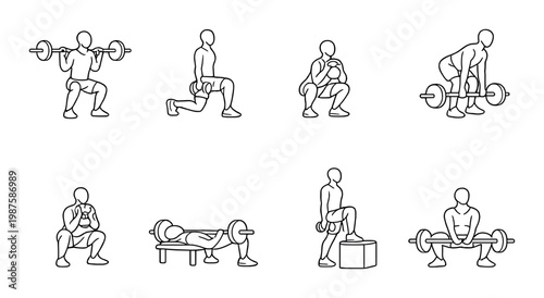 People performing weighted leg and hip exercises on gray background