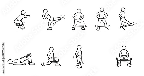 People doing resistance band leg and glute exercises on gray