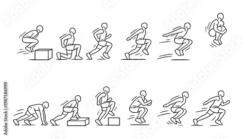 Figures performing box jumps and plyometric drills on gray background