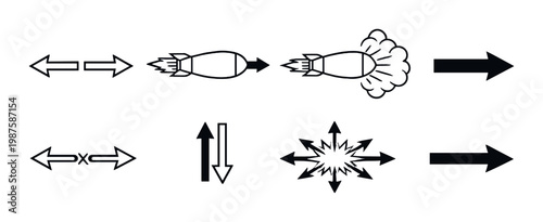 Sequence of rocket motion and explosion icons on gray background