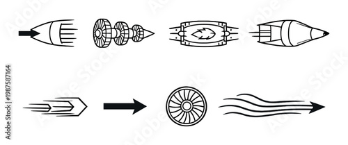 Jet engine component and airflow icons arranged on gray background