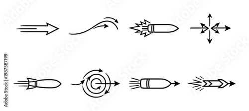 Bullet and arrow trajectory icons displayed on dark background