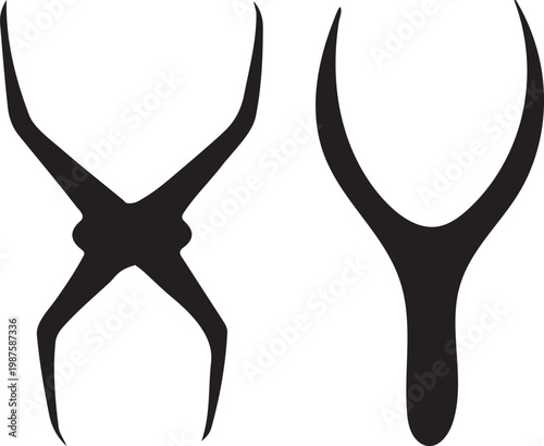 Black abstract silhouettes resembling a stylized X symbol and a Y shape or a trident, suggesting artistic interpretation and minimalist design
