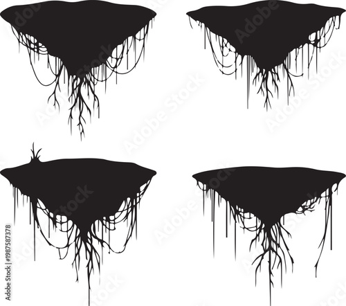 Four stylized, black, silhouette illustrations of floating islands with hanging roots, presented in a 2x2 grid, evoking a sense of fantasy and nature