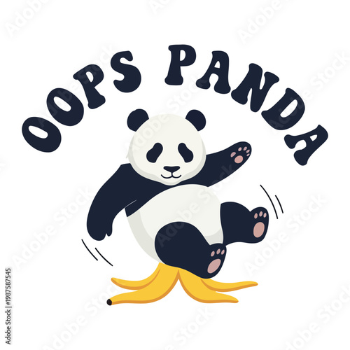 Panda slips on banana peel with Oops Panda text cartoon panda