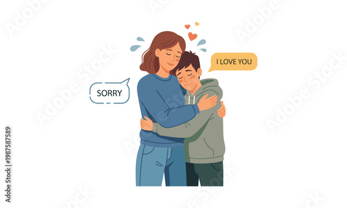 Mother and teenage son hugging after argument reconciliation, expressing love and apology with speech bubbles in flat vector illustration style