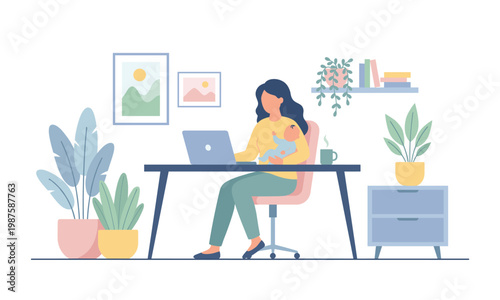 Working mother holding a baby while typing on a laptop at a home office desk with indoor plants and decor.