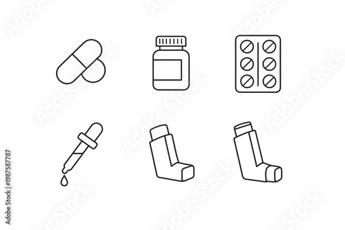 Healthcare icons: medication, bottle, blister pack, dropper, inhaler symbols