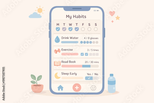 Habit tracker app interface with hydration and wellness goals on smartphone screen