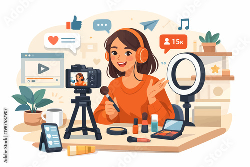 Young asian female vlogger creating makeup content with camera and lights
