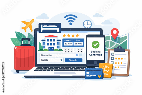 Online hotel booking concept with laptop, smartphone, and travel icons