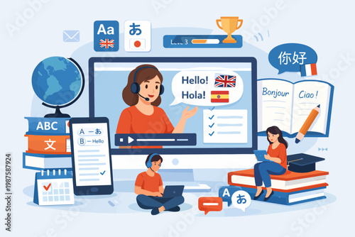 Young adults learning languages online with digital tools and global communication
