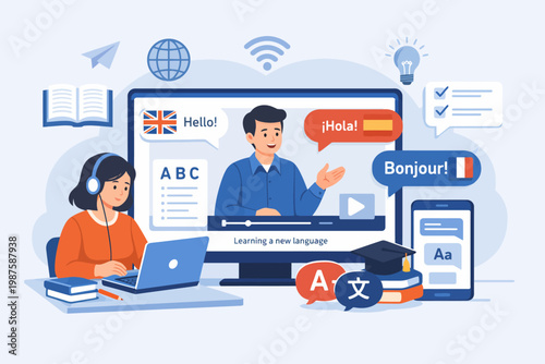 Diverse language learning online scene with asian female and caucasian male engaging in multilingual education