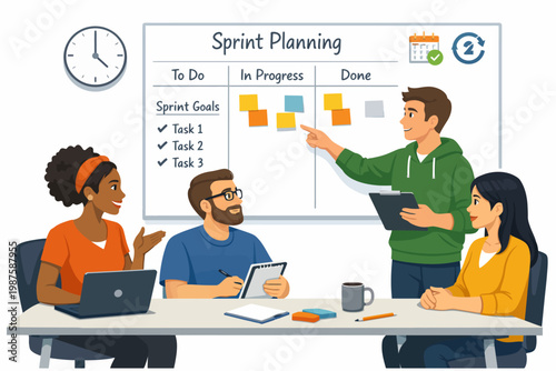 Team collaboration in sprint planning meeting with diverse group discussing tasks