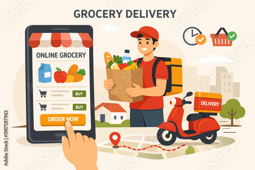 Male grocery delivery worker with scooter and phone app interface illustrations