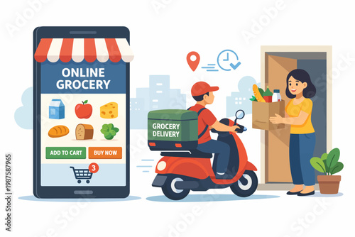 Asian male grocery delivery to female customer at home