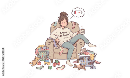 Exhausted Mother Sitting in Messy Living Room with Laundry Baskets and Toys, Tired Mama Chaos Coordinator Concept Art for Parenting.