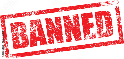 Red banned rubber stamp seal with dirty grunge texture vector isolated on transparent background.