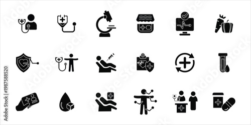 healt checkup icons set. doctor, consultant, injection, life insurance, checkup, stethoscope, symptoms and more. simple solid vector illustration
