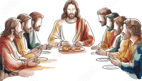 Generated on Jesus Christ and the twelve apostles at the Last Supper, continuous line watercolor style. Concept of faith, religion, and sacred tradition vector art on white background
