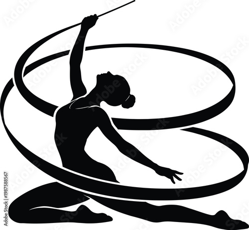 Rhythmic gymnastics silhouette with ribbon, graceful female athlete vector, black and white sports performance icon