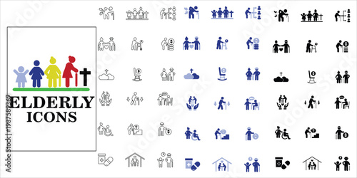 elderly icons set. elderly, medication, mobility, pensioner, lifetime, social support, elder care, end or life and more. simple complete vector illustration